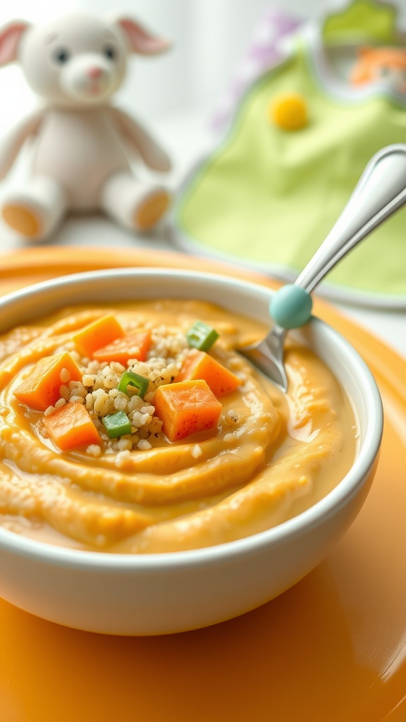 A bowl of quinoa and vegetable puree for babies, surrounded by a cheerful setting.